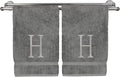 Monogrammed Hand Towel, Personalized Initial Gift, Extra Absorbent 100% Turkish Cotton - Soft Terry Finish - Set of 2 - Silver Block Initial H - Embroidered on Grey Towels