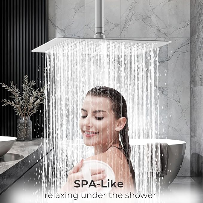 12 Inch Rain Shower Head, 12" Square Rainfall & High Pressure Stainless Steel Bath Shower Head, 1/16" Ultra Thin, Waterfall Full Body Coverage with Silicone Nozzle, Polished Chrome