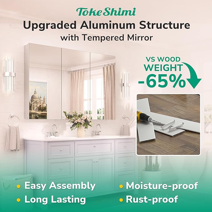 TokeShimi 40x32 Bathroom Medicine Cabinet with Mirror Silver, Aluminum Tempered Mirrored Medicine Cabinet Recessed or Wall Mounted with Adjustable Storage Metal for Modern Farmhouse