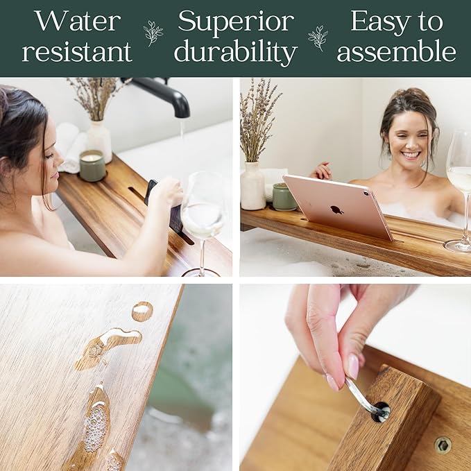 Premium Nature Shed Bathtub Tray for Freestanding Bath | Large & Thick 35” Acacia Wood Luxury Bath Tray for Tub | Anti-Tip, Non-Toxic, Adjustable Bathtub Trays for Tub with Bathroom Accessories Holder
