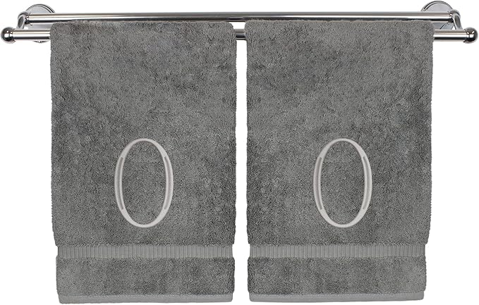 Monogrammed Hand Towel, Personalized Initial Gift, Extra Absorbent 100% Turkish Cotton - Soft Terry Finish - Set of 2 - Silver Block Initial O - Embroidered on Grey Towels