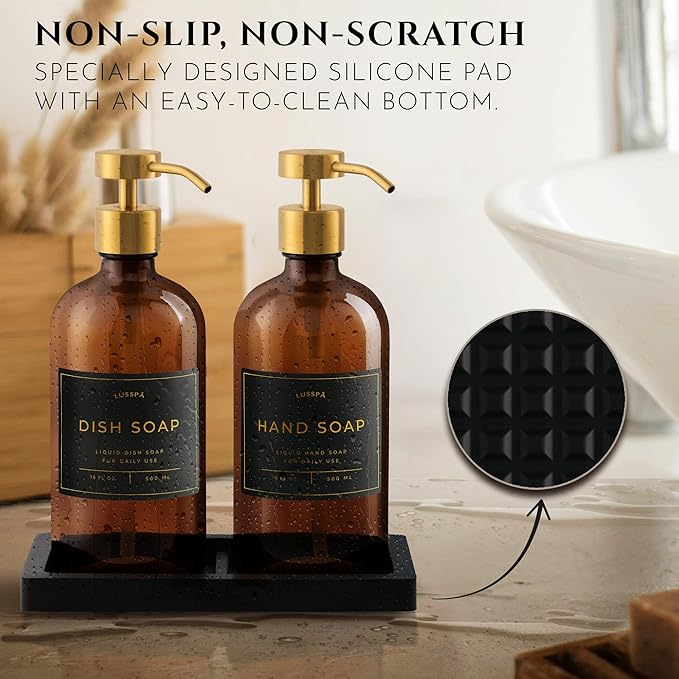 Lotion, Hand & Dish Soap Dispenser for Kitchen Sink - Bathroom Soap Dispenser Set of 2 16.8 Oz Glass Bottles with Stainless Steel Pump, 15 Water Proof Labels & Silicon Tray (Amber/Gold)