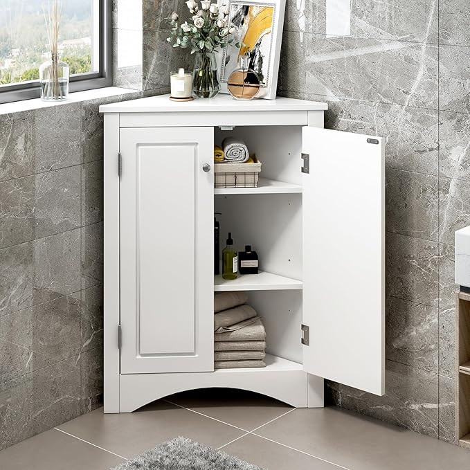Corner Storage Cabinet with Adjustable Shelves, Triangle Bathroom & Kitchen Organizer, Freestanding Floor Cabinet for Toilet Kitchen Bathroom Cleaning Supplies (White 2)