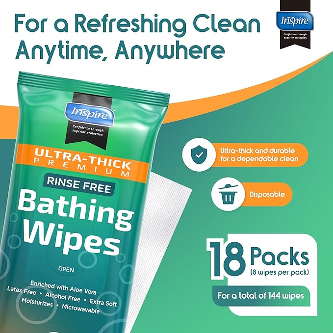 Inspire Ultra Thick Rinse Free Body Wipes, Bathing Wipes, Rinse Free Wet Wipes, Thick Strong Extra Large With Aloe Vera Enriched