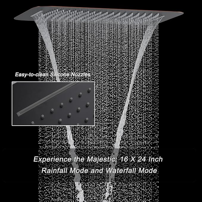 Oil Rubbed Bronze Digital Display Shower System with 16X24 inch Ceiling Mounted Shower Head(Rain&Waterfall Modes), with Handheld Spray and 6 PCS Dual Modes Body Jet