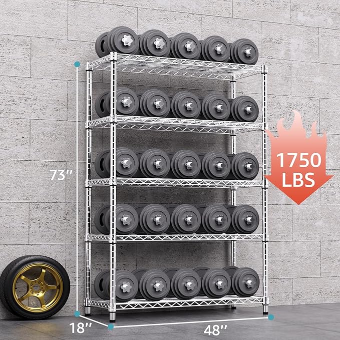 1750 LBS Storage Shelves 5-Tier Utility Shelving Unit Steel Organizer Wire Rack for Home,Kitchen,Office,Garage, Capacity 17.7" D x 47.2" W x 72.3" H