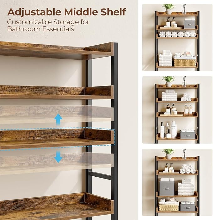 Rolanstar Over The Toilet Storage Rack, 3-Tier Bathroom Space Saver with Adjustable Shelves, Bathroom Organizer for Bathroom, Washroom, Rustic Brown