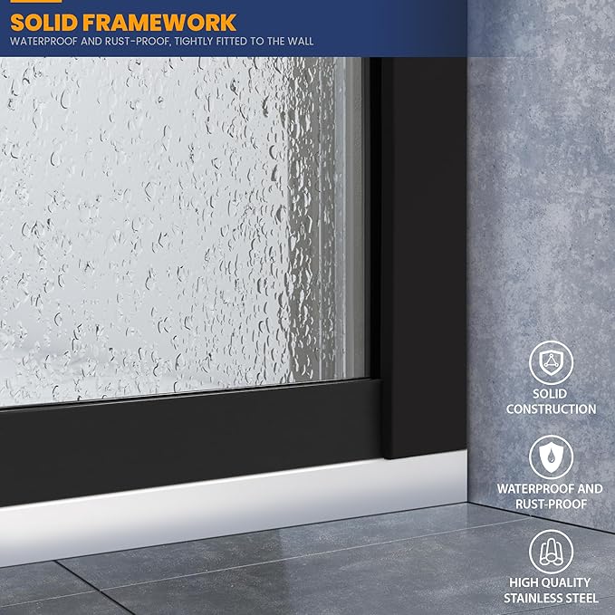 Glass Shower Panel, 34" W x 74" H Semi-Framed Fixed Shower Glass Panel in Matte Black with 5/16"(8mm) Clear Tempered Glass Door, Simple Shower Door Panel for Bathroom