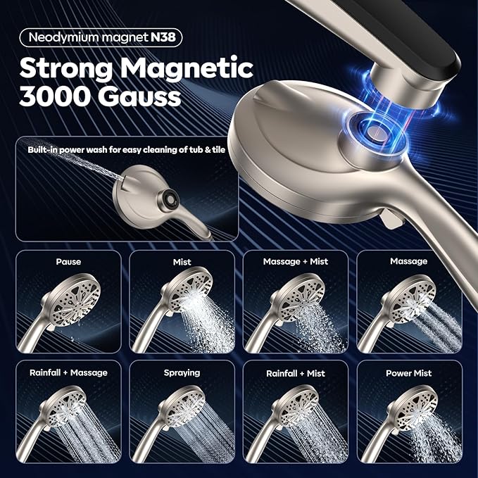 Shower Head with filtered Handheld High Pressure daul Shower Heads with Handheld Spray Combo and 10 Sprays Handheld Shower Head Detachable Shower head Built-in Magnetic Docking and Power Jets