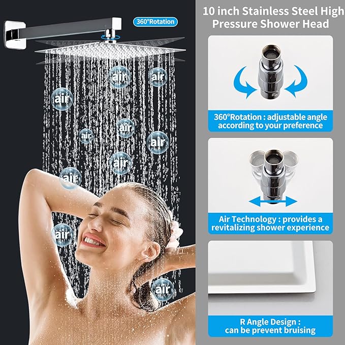 10 Inch Polished Chrome Shower Faucet Set with Rain Shower Head and Handheld Spray, Wall Mounted Rainfall Shower Head with Handheld Combo, Bathroom luxury Shower System with Valve and Trim