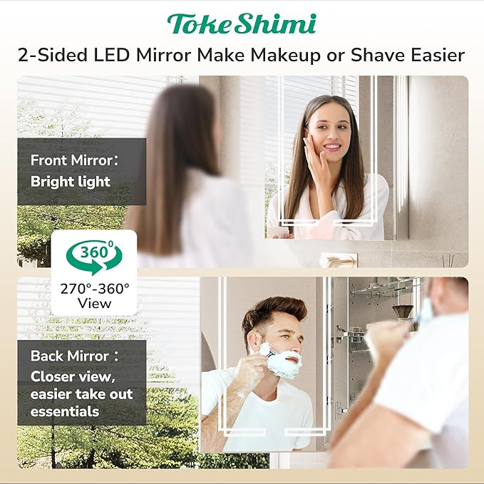 TokeShimi Lighted Medicine Cabinet 20x26, 3 Color Tempered LED Medicine Cabinet Mirror with Storage and Defogger, Stepless Dimming, CRI 80+ Anti-Fog, Memory Funtion, Wall Make up Mirror for Bathroom