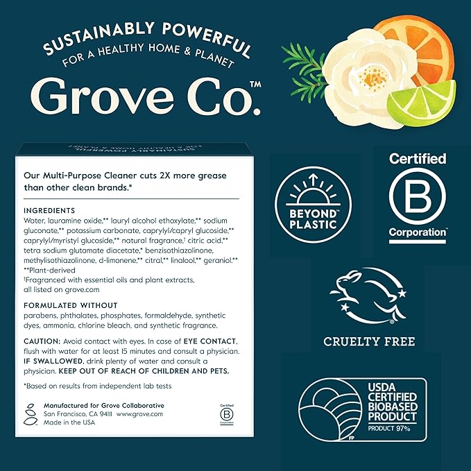 Grove Co. Multi Purpose Cleaner, Refill Concentrate (2 x 1 Oz) + Glass Spray Bottle (16 Oz), Plant-based Household Cleaning Supplies Bundle, No Plastic Waste, 100% Natural Lemon & Eucalyptus Scent