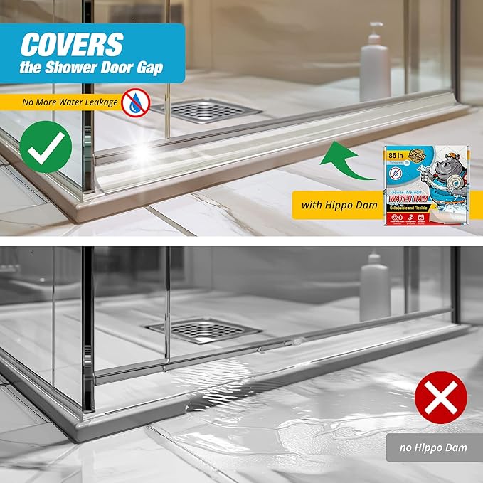 Shower Threshold Water Dam Barrier 85" - Transparent Collapsible Shower Water Blocker - Guard for Walk in Shower - Water Guard Stopper for Floor - Shower Door Water Blocker by Hippo Dam