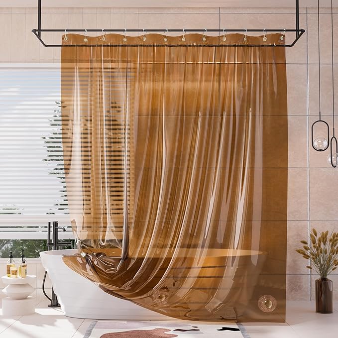 AmazerBath Long Shower Curtain Liner, 100% EVA Soft Clear Amber Heavy Duty 78 inch Shower Curtain and Liner 2-in-1, 72x78 Plastic Bathroom Shower Curtain, 12 Rustproof Grommets & 3 Weighted Stones