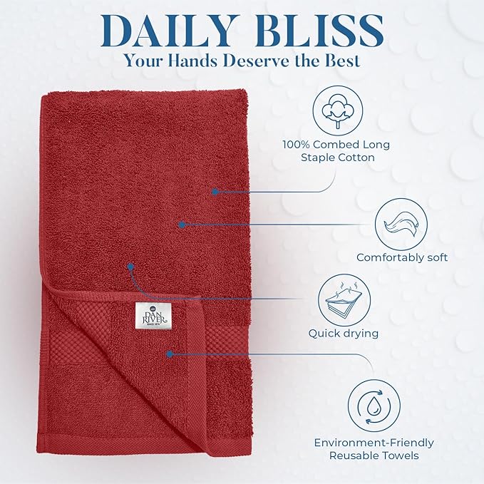 DAN RIVER 6-Pack Premium Hand Towels (16x28 Inches) - 100% Cotton, Ultra Soft, Lightweight, Highly Absorbent Towels for Bathroom, Spa, Gym, Salon, Hotel, and Travel - 550 GSM – Red