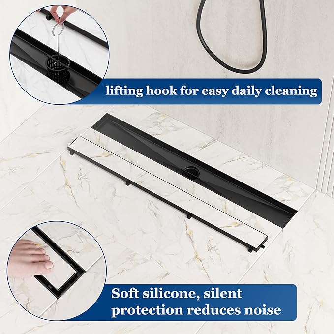 Neodrain 24-Inch Linear Shower Drain with Tile Insert Grate, Matte Black 304 Stainless Steel Rectangle Shower Floor Drain, Linear Drain with Leveling Feet, Hair Strainer