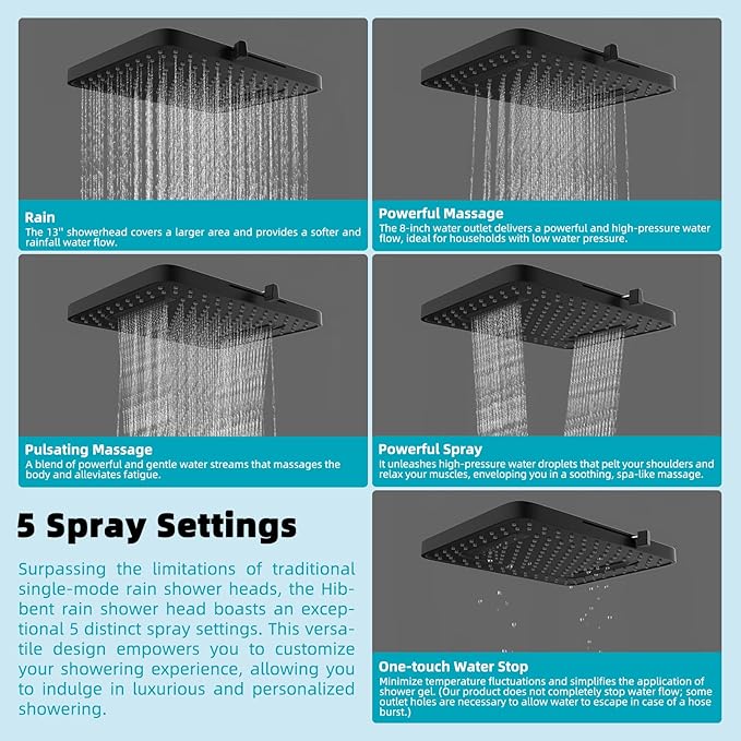 Hibbent 5 Spray Modes Shower Head, 13'' High Pressure Rain Shower Head, Large Rainfall Showerhead, High Flow Waterfall Bathroom Fixed Showerheads with Adjustable Swivel Ball Joint, Matte Black