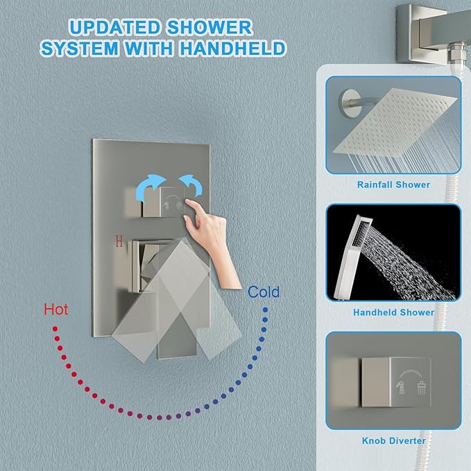 Lordear Rain Shower System 8 Inch Wall Mounted Shower Faucet Set Stainless Steel Shower Head Handle Set and Solid Brass Valve Brushed Nickel Finish