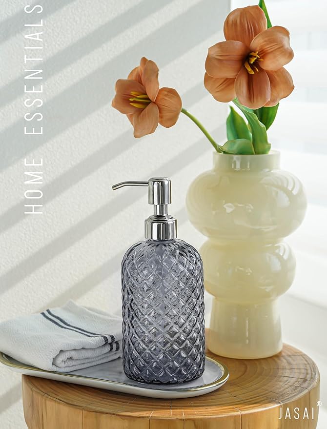 JASAI 18Oz Gray Glass Soap Dispenser with Rust Proof Pump, Refillable Kitchen soap Dispenser for Dish Soap, Bathroom Soap Dispenser for Dispense Hand soap, Lotion.
