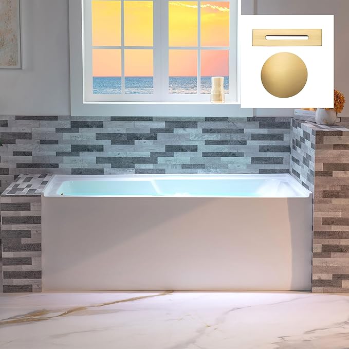 WOODBRIDGE 60" Acrylic Rectangular Alcove Soaking Bathtub in White with Left Drain, Brushed Gold pop-UP Drain Included BA6030L