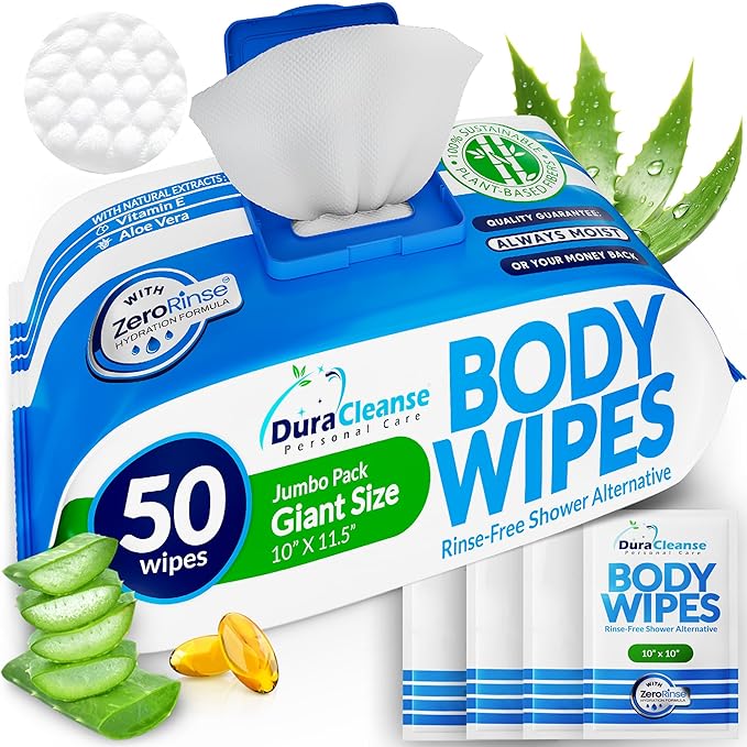 Dura Cleanse XL Body Wipes for Adults – No Rinse Bathing, 50 Count + 4 Travel Shower Sheets, 10" x 11.5" Thick Disposable Washcloths for Elderly, Men & Women, Camping