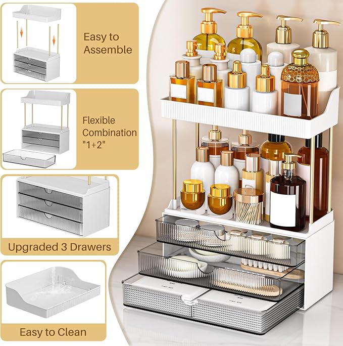 Bathroom Organizers and Storage - 3 Drawers 2 Tier Makeup Organizer, Cosmetic Storage Drawer for Dresser Countertop and Bathroom Vanity for Large Skincare, Perfume, Grey