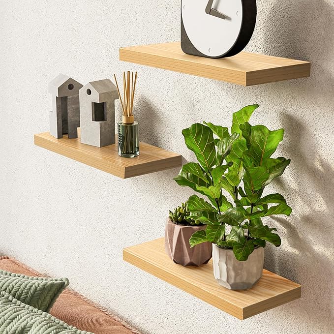 BAYKA Floating Shelves for Wall, 22.5 inches Wall Mounted Rustic Wood Shelves for Bathroom, Bedroom, Living Room, Floating Shelves for Books/Storage/Decor (Light Oak-Toned,Set of 3)