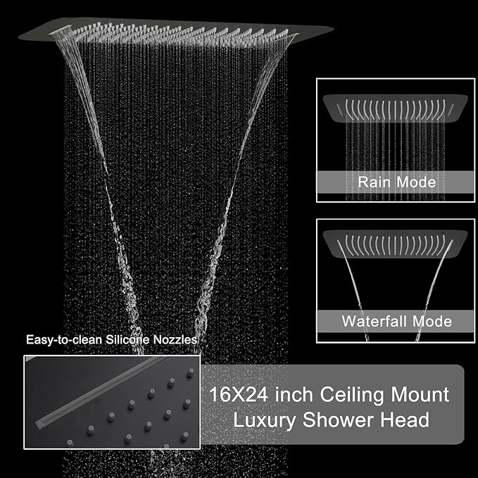 Matte Black Digital Display Shower System with 16X24 inch Ceiling Overhead Shower Head(Rain & Waterfall Two Modes), 4 PCS Body Jet and Handheld Spray
