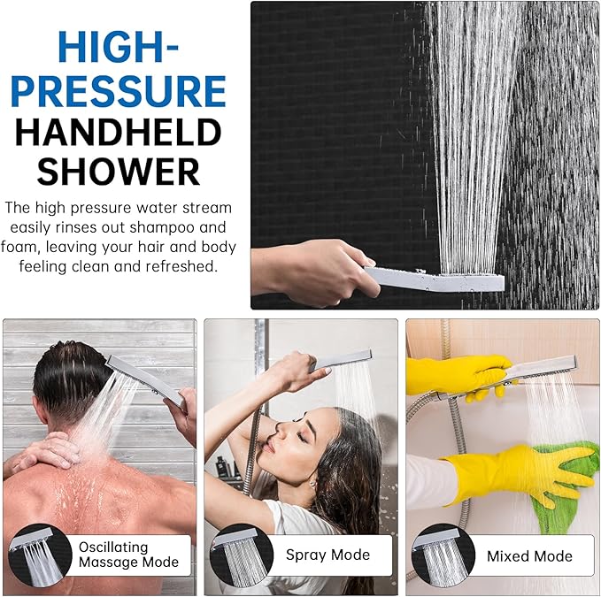 G-Promise All Metal 14 Inch Shower Head with Massage Mode Handheld, Rain Shower Head with Handheld Spray Combo, 3-Way Diverter with Pause Setting, 13 Inch Adjustable Extension Arm (Polished Chrome)