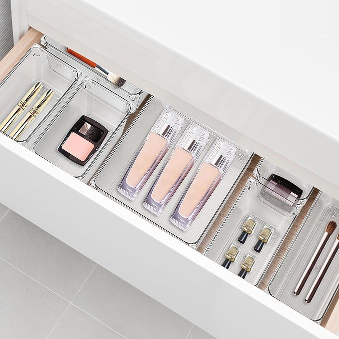 12 Pack Drawer Organizer - 3" X 6" Clear Acrylic Storage Bins with Non-Slip Pads, Versatile Desk Tray for Makeup, Jewelry, Kitchen, Bathroom, and Office Organization
