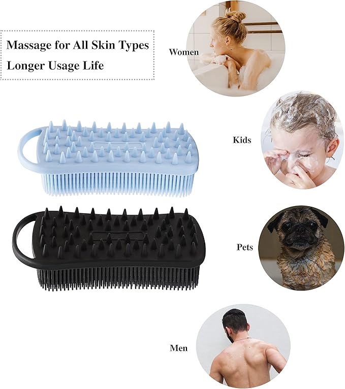 2 PC Silicone Body Scrubber, 2 in 1 Exfoliating Shower Bath Scrubber, Soft Silicone Loofah for Sensitive Skin, Shower Hair Scalp Massager, Easy to Clean, Lather Well (Blue&Black)