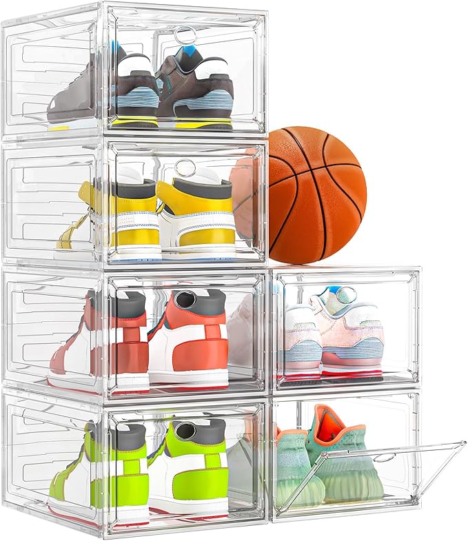 Thicken & Sturdy Clear Shoe Storage Organizer with Magnetic Door, Stackable Boxes for Closet, Foldable Space-Saving Shoe Rack for Sneaker Boot Container, Plastic Shoe Cabinet Shoe Box 6 Pack, White