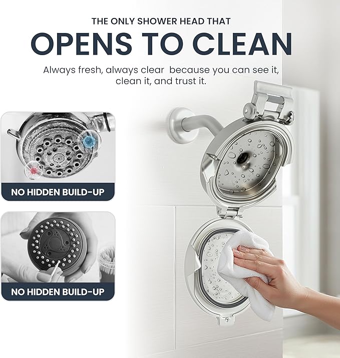 Shower Clear-The World’s Only Cleanable Shower Head with Patented Open-Clean Design to Reduce Moisture and Buildup, High Pressure Flow, Universal Fit -Nickel (1.1 lbs, 5.5 inches)