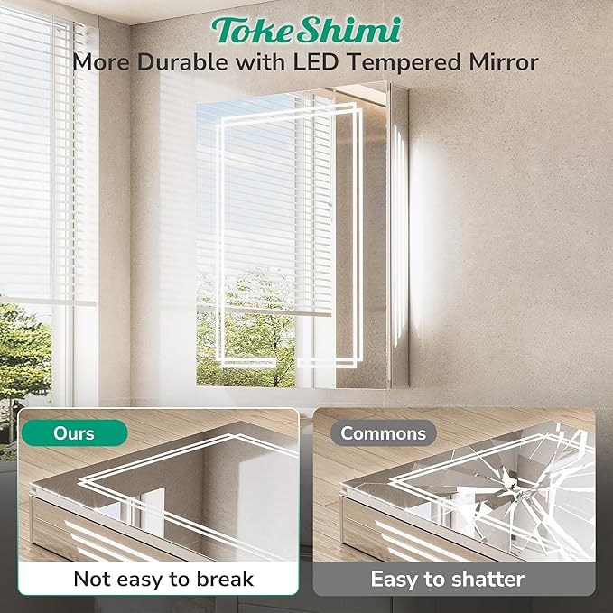 TokeShimi 48 x 32 Lighted Bathroom Medicine Cabinet with Mirror Tempered, 3 Color LED Mirror with Storage with Stepless Dimming, CRI 80+ Anti-Fog, Memory Funtion, Wall Mirrored Medicine Cabinet