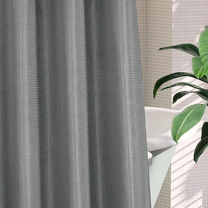 MitoVilla Black Waffle Long Shower Curtain Liner Set 72 x 80, No Hooks Required 80 inch Long Heavyweight Fabric Shower Curtain Set with Snap-in Liner for Hotel Grade Spa-Like Bathroom Decor