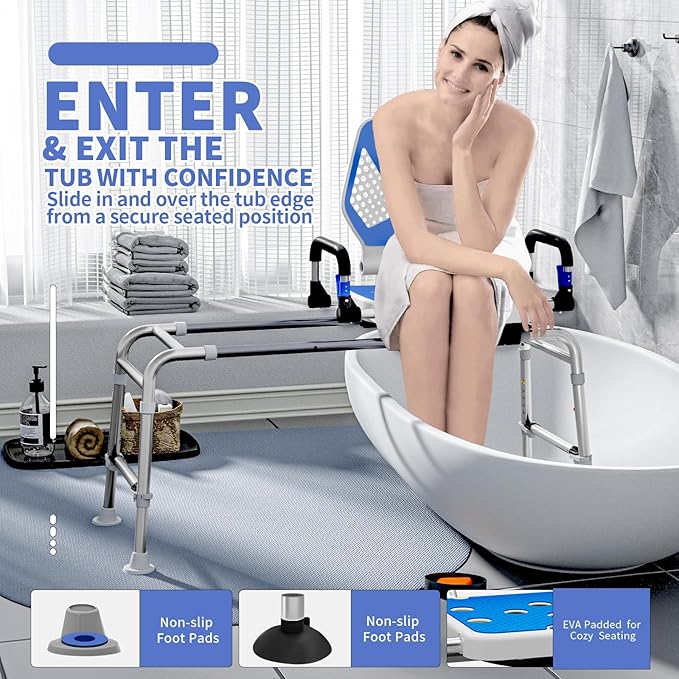 Sliding Shower Chair Swivel Tub Transfer Bench with Backrest with Non Slip Suction Cups 400lbs Weight Capacity Adjustable Height Shower Seat for Elderly Disabled Bathing Inside Shower