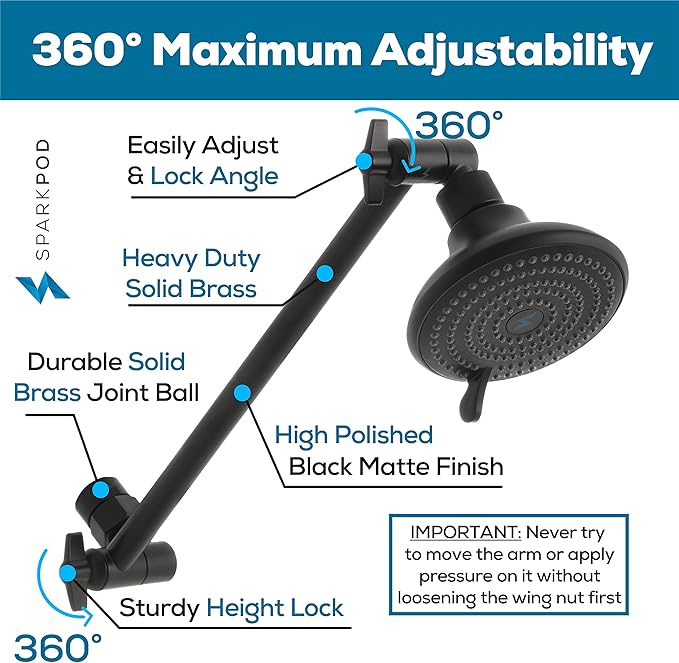 SparkPod 11" Solid Brass Shower Head Extension Arm - Flexible Height & Angle Adjustable Shower Arm Extension for Rain Showerheads with Sturdy Lock - Universal Pipe Connection (Midnight Black Matte)