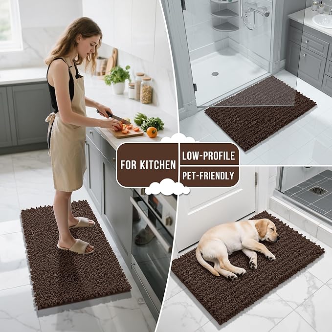 Yimobra Bathroom Rugs Non Slip Washable - Ultra Soft Absorbent Chenille Bath Mat, Quick Dry Shaggy Floor Carpet for Tub Shower, Brown Home Decor Accessories, 24x17 Inch