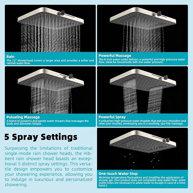 Hibbent 5 Spray Modes Shower Head, 13'' High Pressure Rain Shower Head, Large Rainfall Showerhead, High Flow Waterfall Bathroom Fixed Showerheads, Adjustable Swivel Ball Joint, Brushed Nickel