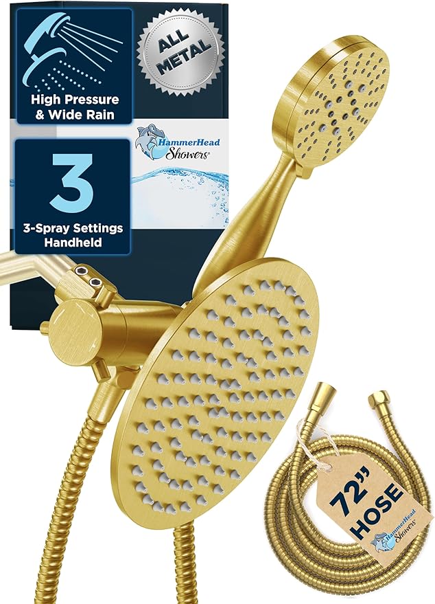 HammerHead Showers® Solid Metal Dual Shower Head Combo – BRUSHED GOLD – 8 Inch Rainfall High Flow Shower Head & 3-Flow Handheld Shower Head High Pressure with Hose 6ft - Luxury Double Shower Heads