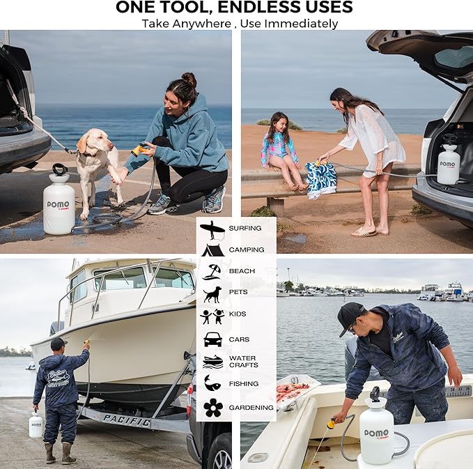 Pomo High Pressure 5L Portable Shower, Outdoor Shower, Camping Shower, Surf Rinse Kit, Beach Shower, Dog Wash, Boat Rinse, Car Shower, 1.5 Gallon Multi-use Sprayer, Hand Pump 45 PSI - No Power Needed!