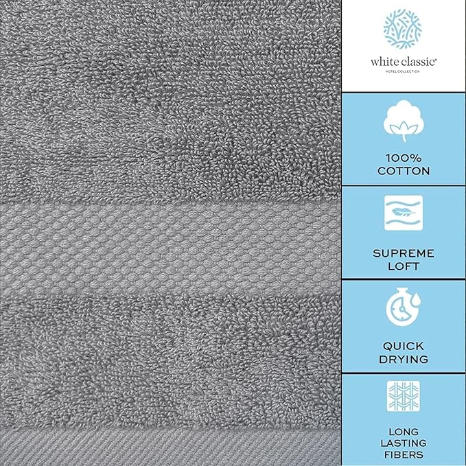 White Classic Luxury Light Gray Hand Towels - Soft 100% Turkish Cotton | Highly Absorbent Hotel spa Bathroom Towel Collection | 16x30 Inch | Set of 6