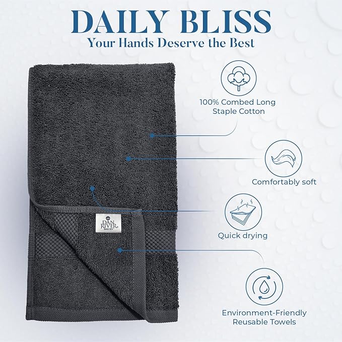 DAN RIVER 6-Pack Premium Hand Towels (16x28 Inches) - 100% Cotton, Ultra Soft, Lightweight, Highly Absorbent Towels for Bathroom, Spa, Gym, Salon, Hotel, and Travel - 550 GSM – Charcoal