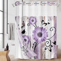No Hook Purple Flower Shower Curtain with Snap in Fabric Liner Set, Rustic Farmhouse Daisy Double Layers Waterproof Fabric with See Through Top Window Open Grommet Bath Curtain 54x80 Inch