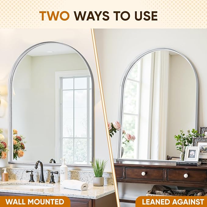 Arched Mirror 22"x30", Bathroom Mirror, Wall Mounted Vanity Mirror with Arch Metal Frame for Bathroom, Over Sink, Bedroom, Living Room, Deep Frame, Silver