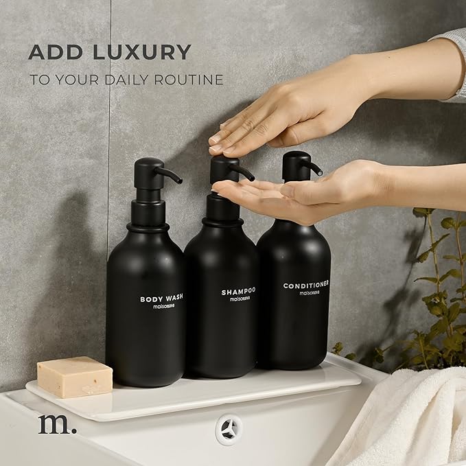 MaisoNovo Refillable Shampoo and Conditioner Bottles | 16.9 fl oz Set of 3 Black Plastic Bottles Black Pumps