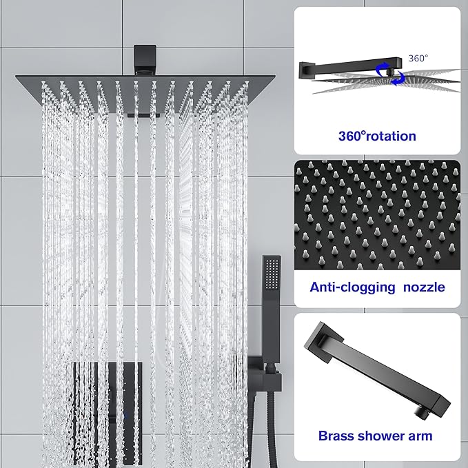 Lordear Rain Shower System 12 Inch Shower Head Faucet Set Matte Black Stainless Steel Square Wall Mounted Rainfall Shower Head with Handheld, Solid Brass Valve Included