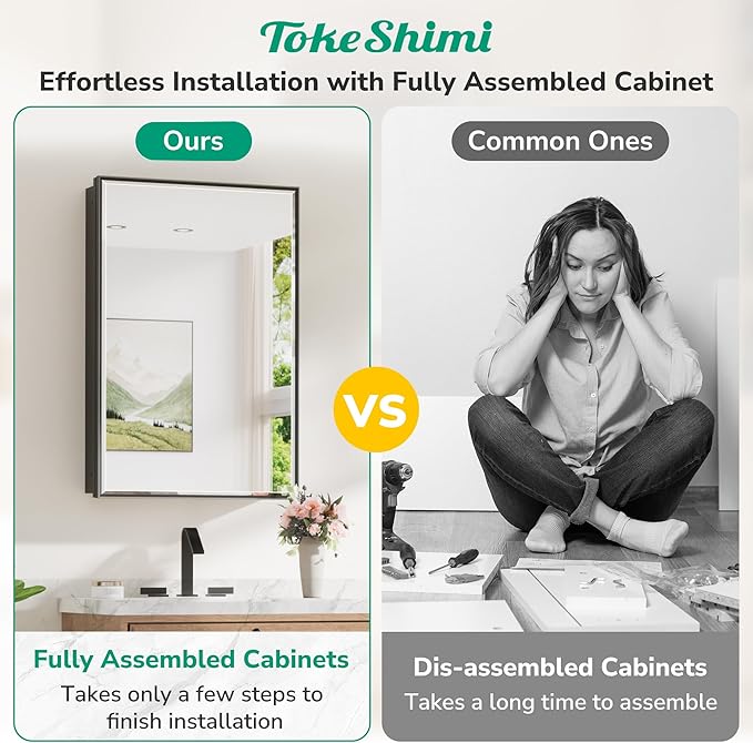 TokeShimi 20 x 26 Recessed Medicine Cabinet with Mirror Wall Mounted, Aluminum Alloy Black Medicine Cabinet Mirrored, Metal Beveled Mirror with Storage for Bathroom Vanity