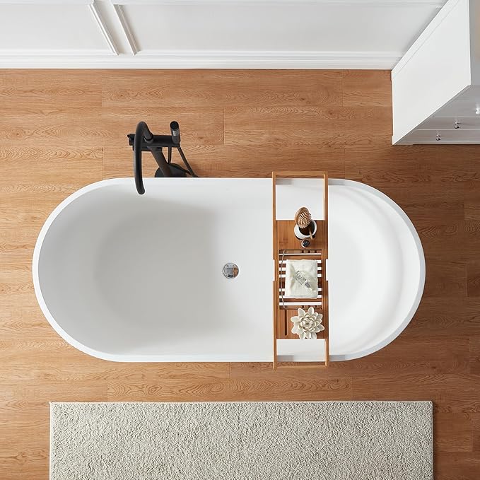 Cpingao 63" Stone Resin Freestanding Bathtub, Modern Oval Solid Surface Soaking Stand Alone Tub, Matte White, Drain & Overflow Included 8816-1600