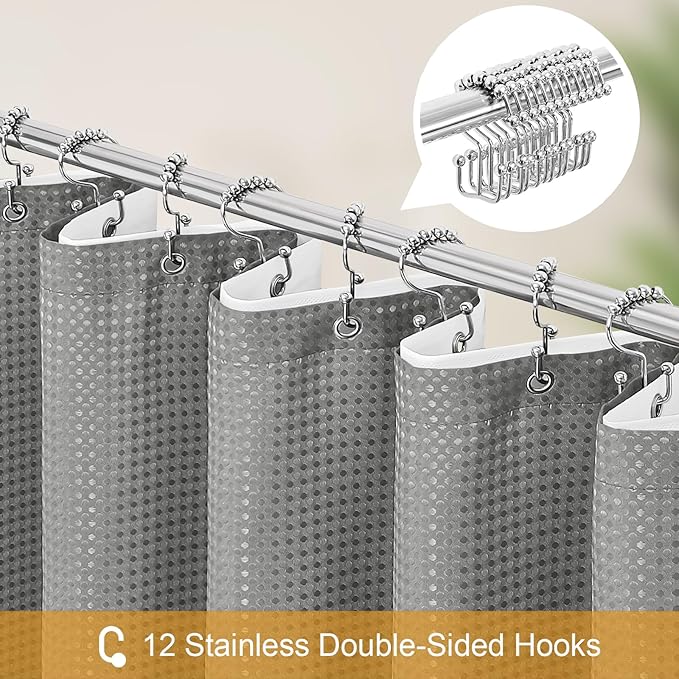 3 in 1 Stall Half Size Shower Curtain Set-36 W x 72 H, Grey Waffle Waterproof Fabric and PEVA Liner Set with Stainless Steel Hooks